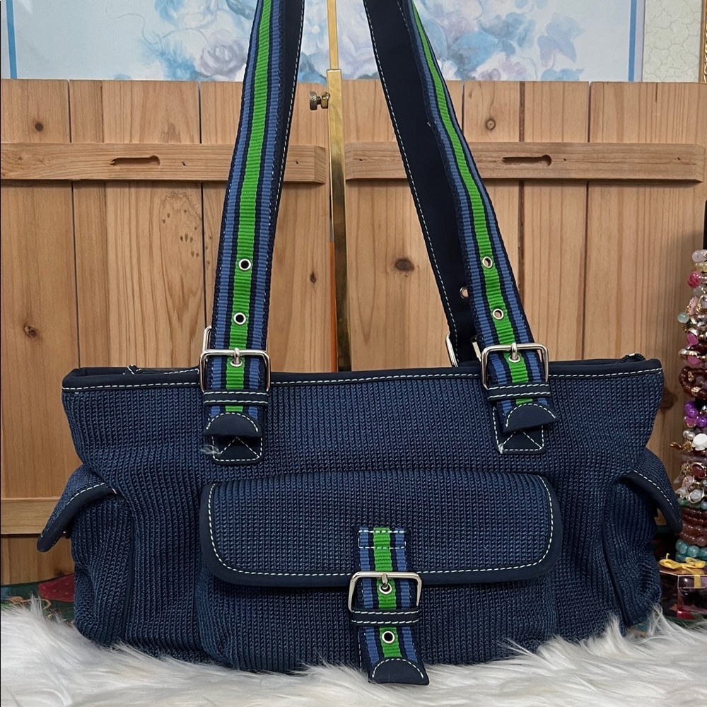 The SAK is Navy Tote with Green Straps